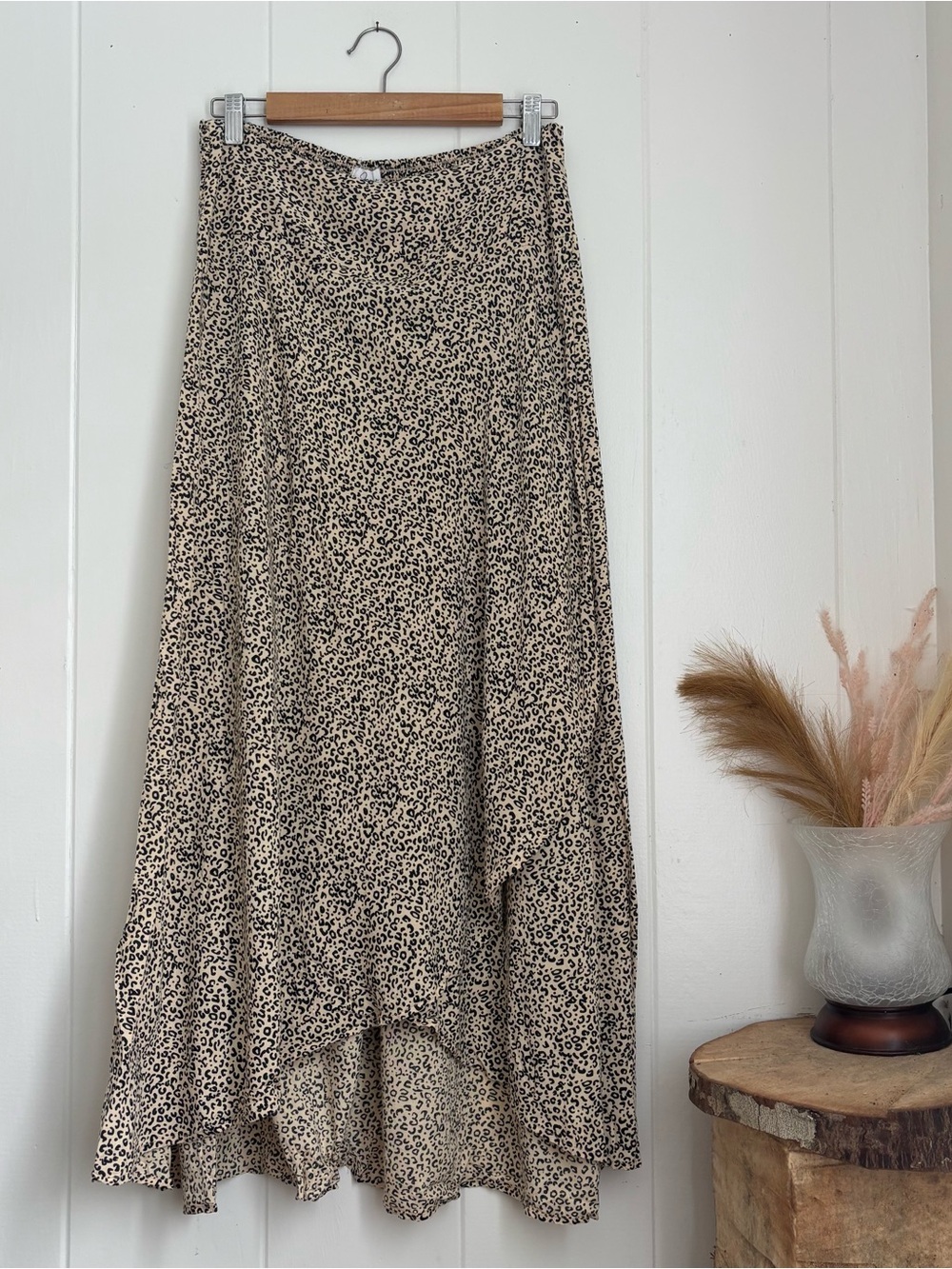 Japna Beige and Black Leopard Print High-Low Maxi Skirt